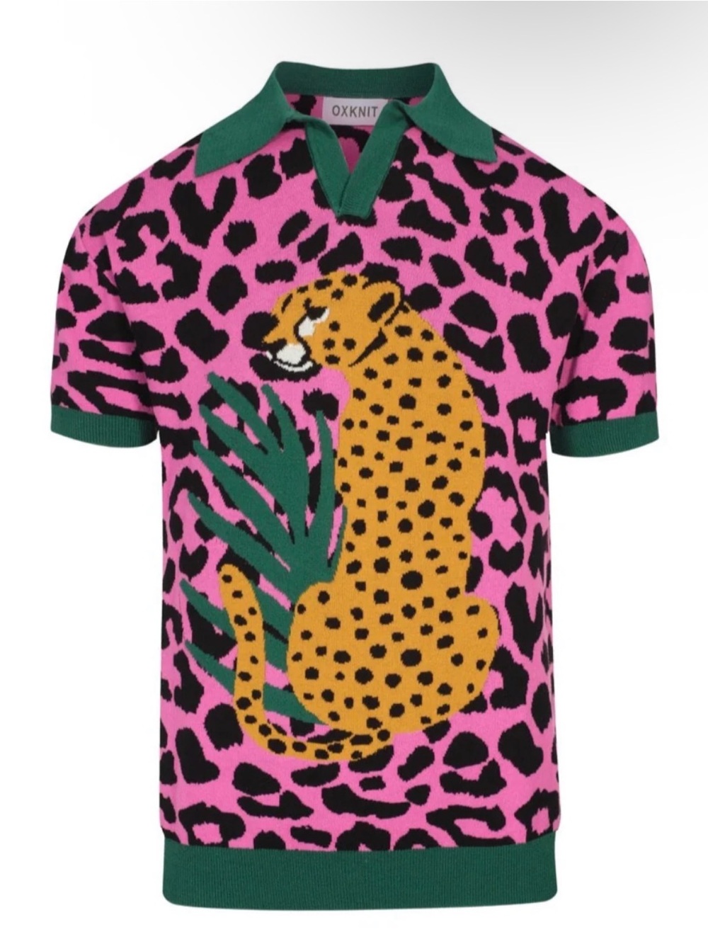 OXKNIT Men's Pink Leopard-Print Polo with Yellow Cheetah Motif
